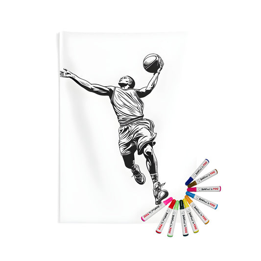 Basketball player leaping to dunk, Indoor Wall Tapestries, Coloring Kit, Fabric Markers