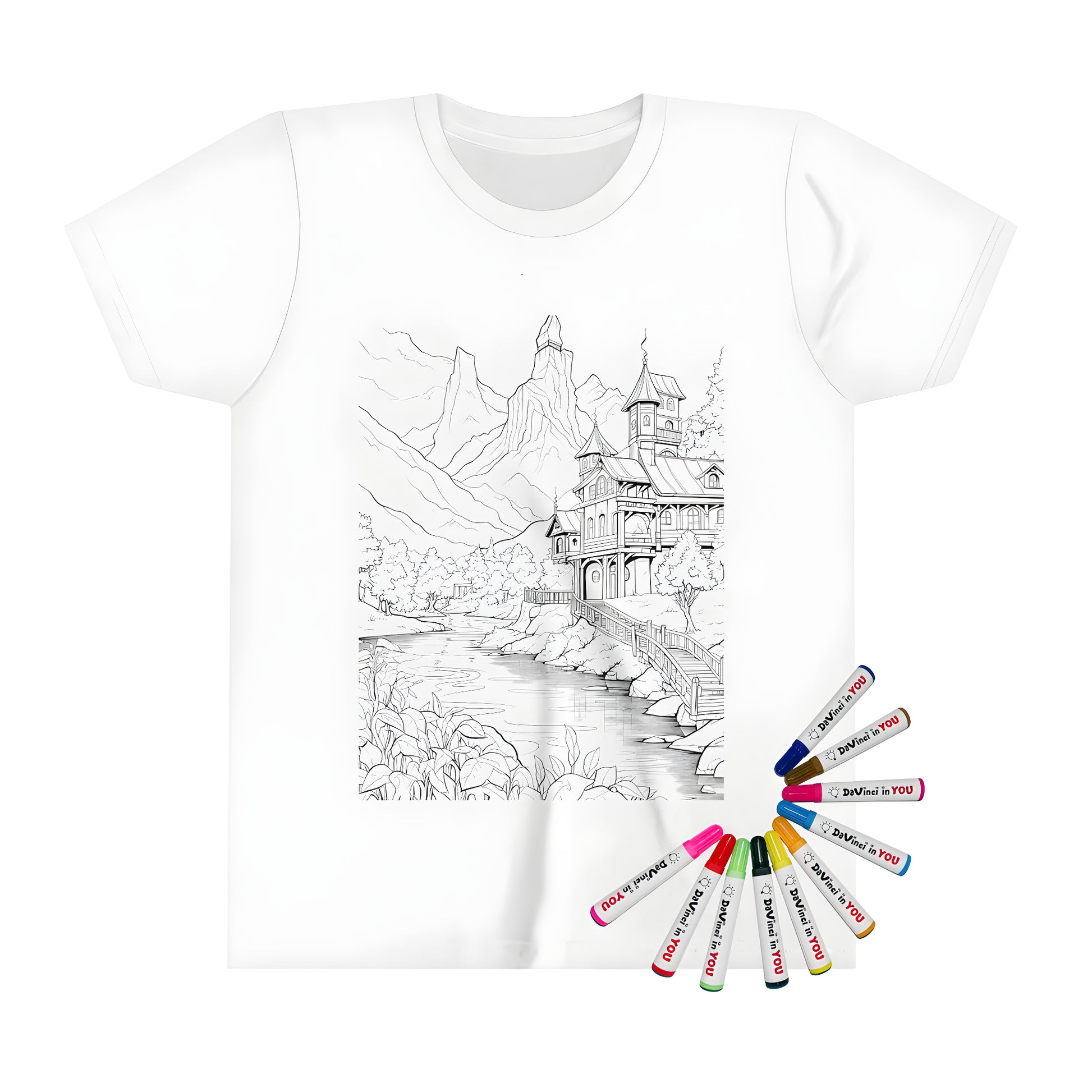 Colorful kid's t-shirt featuring an intricate mountain landscape with building design