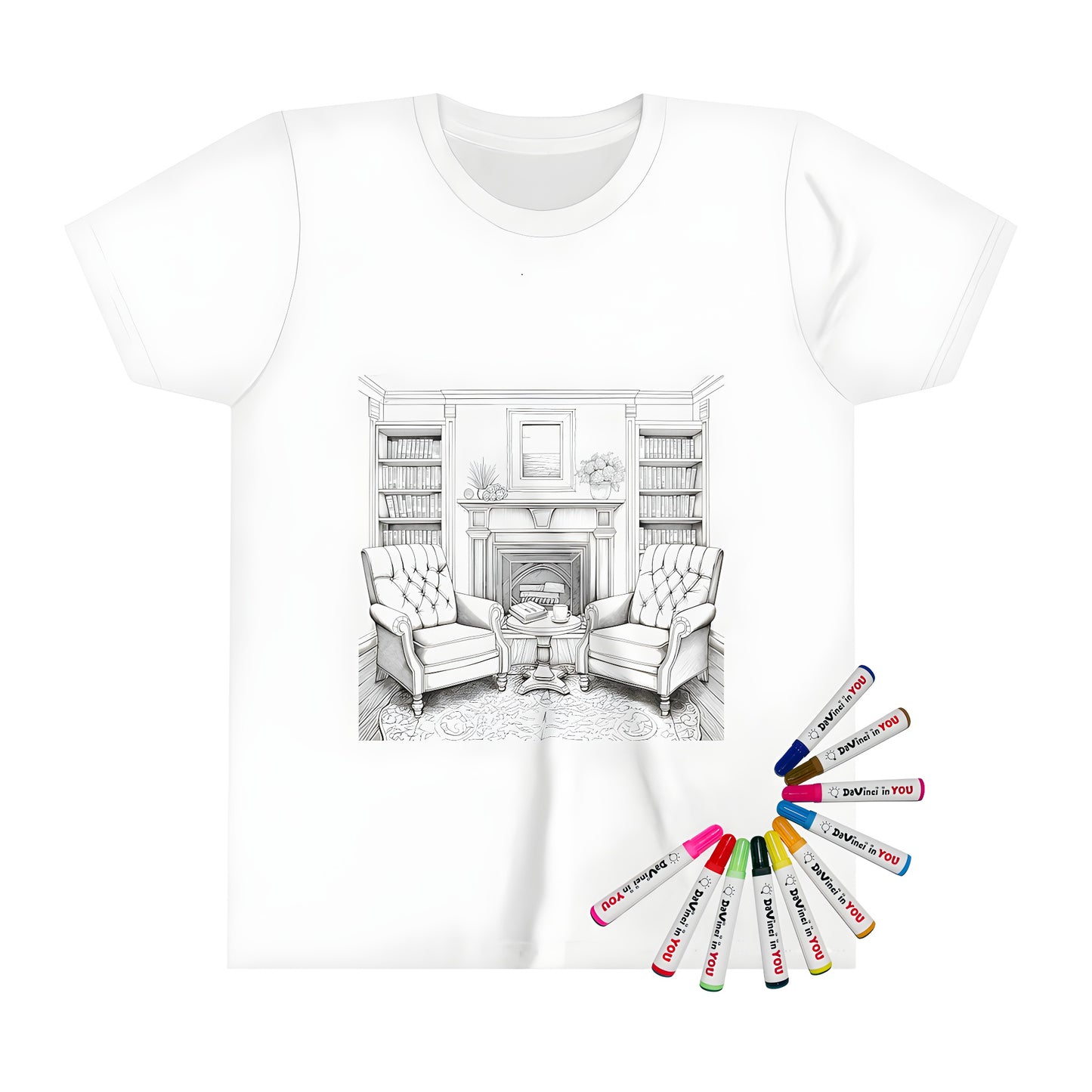 Cozy living room design kids t-shirt with fireplace, armchairs, bookshelves, and coffee table. Black-and-white drawing.