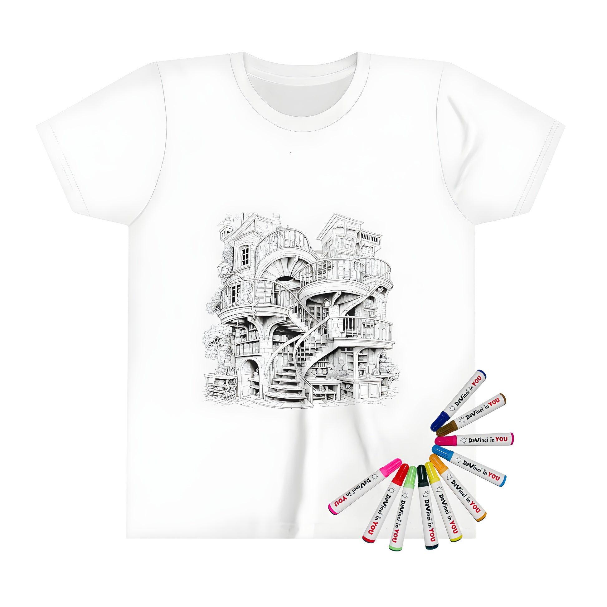 Whimsical castle shirt for kids with colorful markers