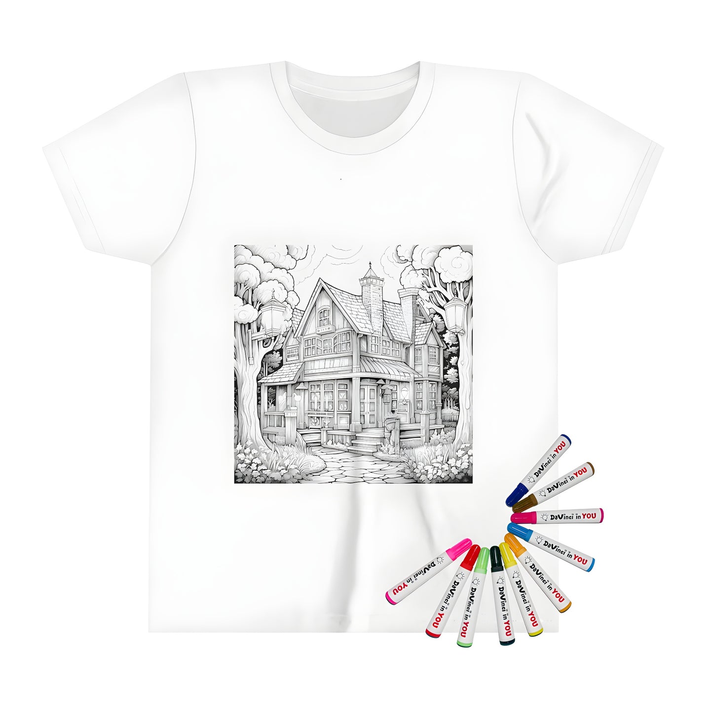 Kid's t-shirt featuring a fun coloring page of a wooden house design, complete with trees, lamp posts, and garden details