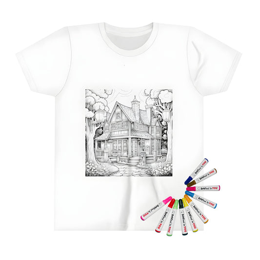 Kid's t-shirt featuring a fun coloring page of a wooden house design, complete with trees, lamp posts, and garden details