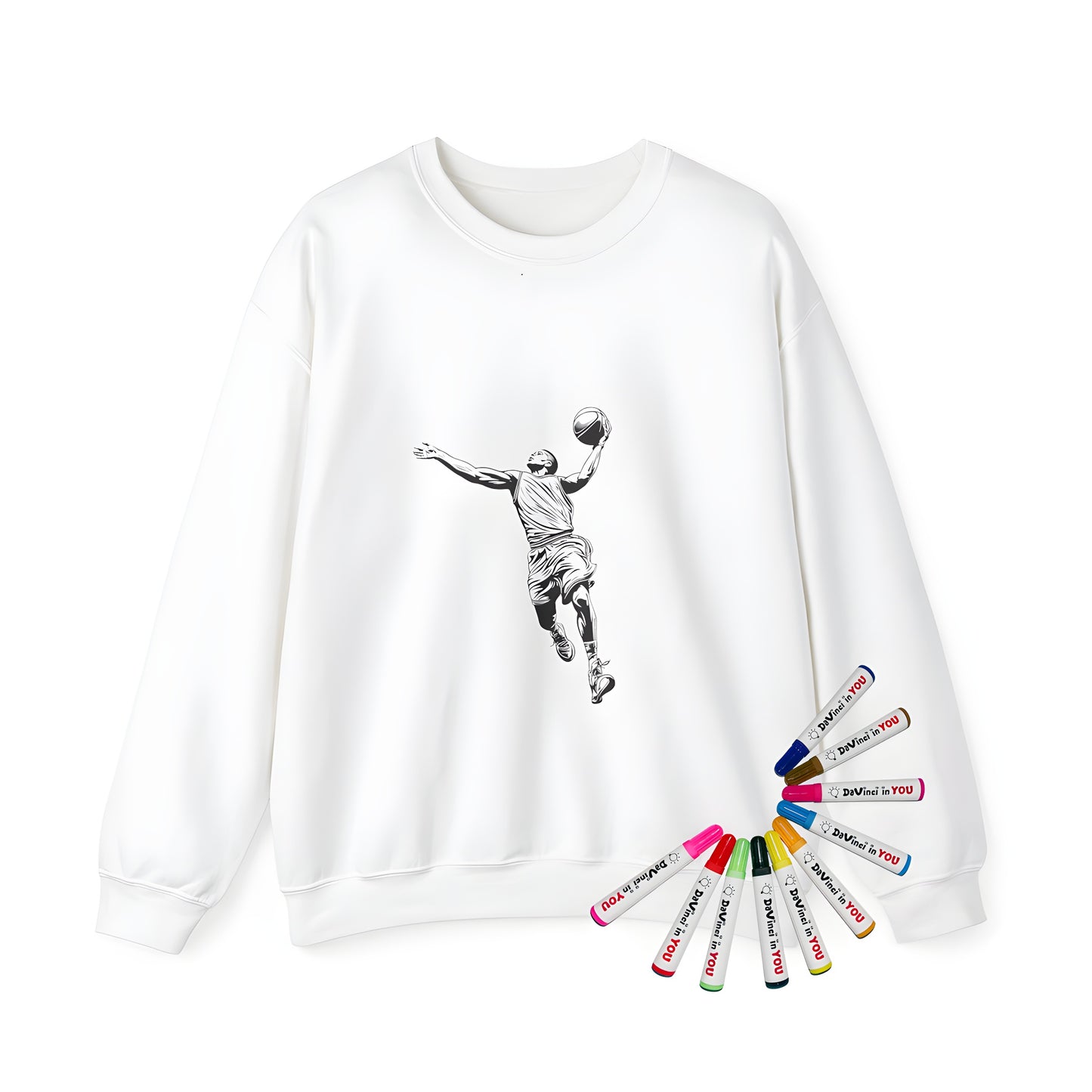 Adult sweatshirt featuring a black and white illustration of a basketball player jumping high to dunk the ball, showcasing movement and action. Product includes fabric markers.