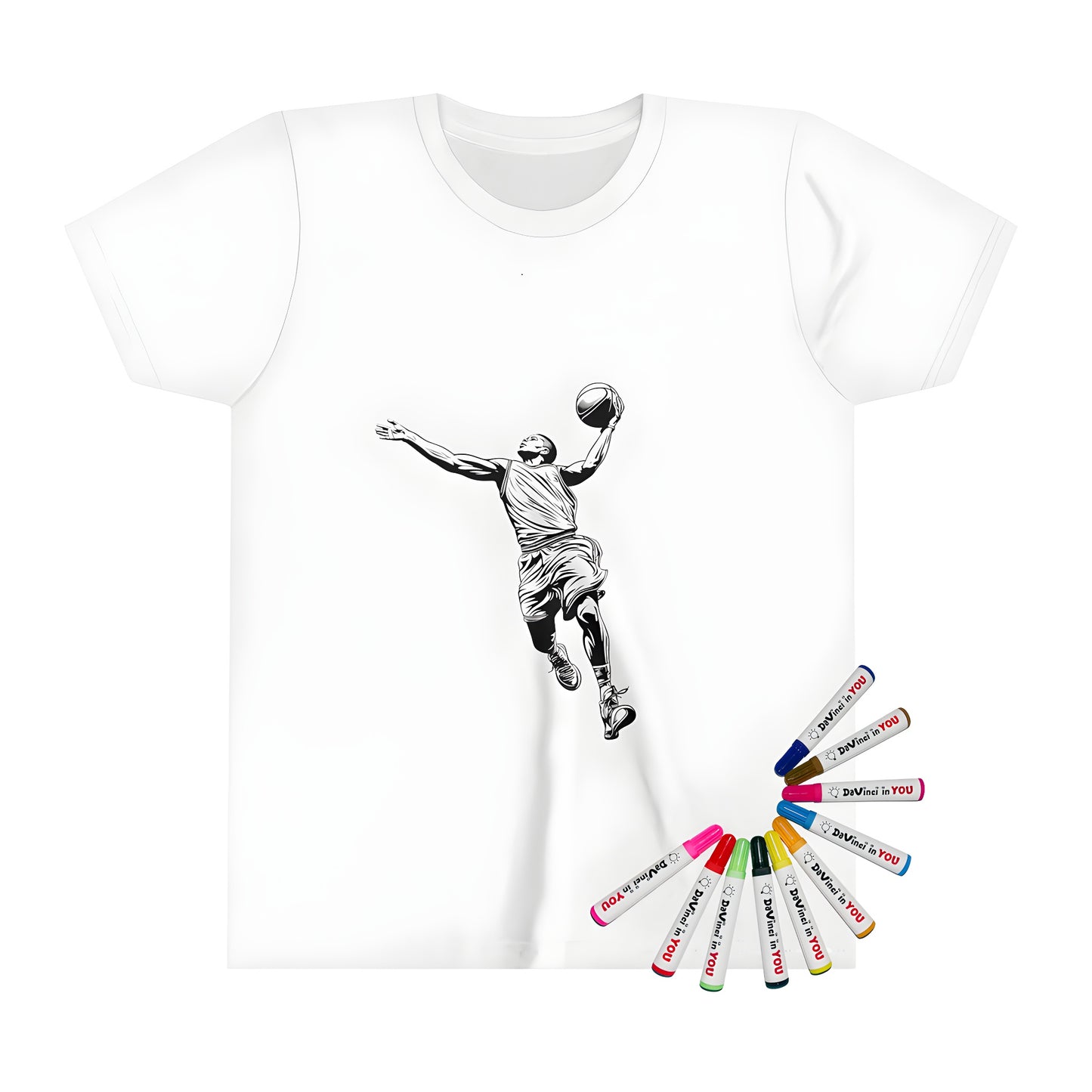 Kids basketball t-shirt featuring a fun black and white illustration of a player dunking a ball with movement and action.