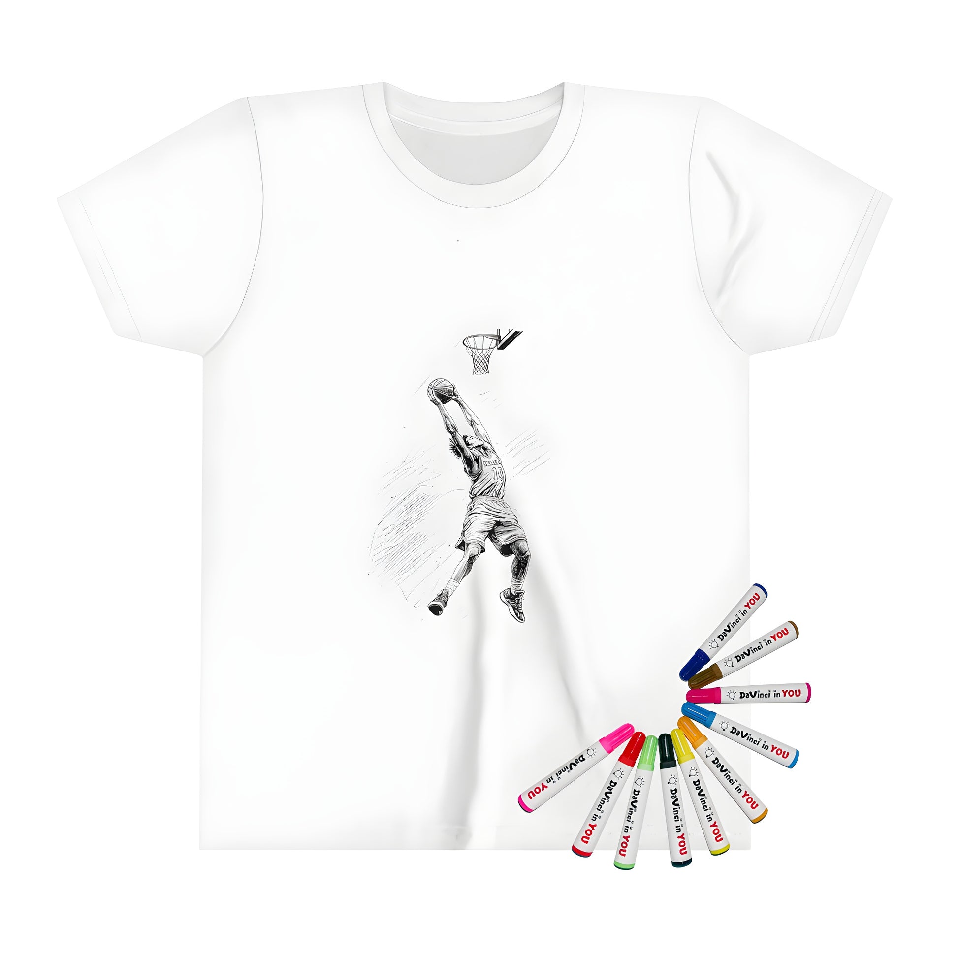 Basketball kid's t-shirt for kids with fun coloring pages and fabric markers featuring an exciting slam dunk moment, perfect gift for young basketball fans, colorful illustration of a kid doing a big jump shot, cool sports design for little ones