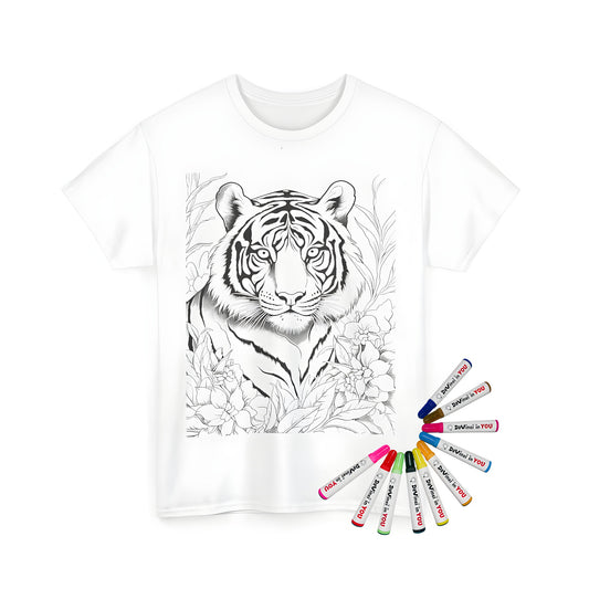 Unisex T-shirt featuring a fun Black and white illustration of a tiger amidst flowers and leaves, perfect for coloring with fabric markers. Also known as a cat, wildlife, wild animal, striped animal, feline, or coloring page design.