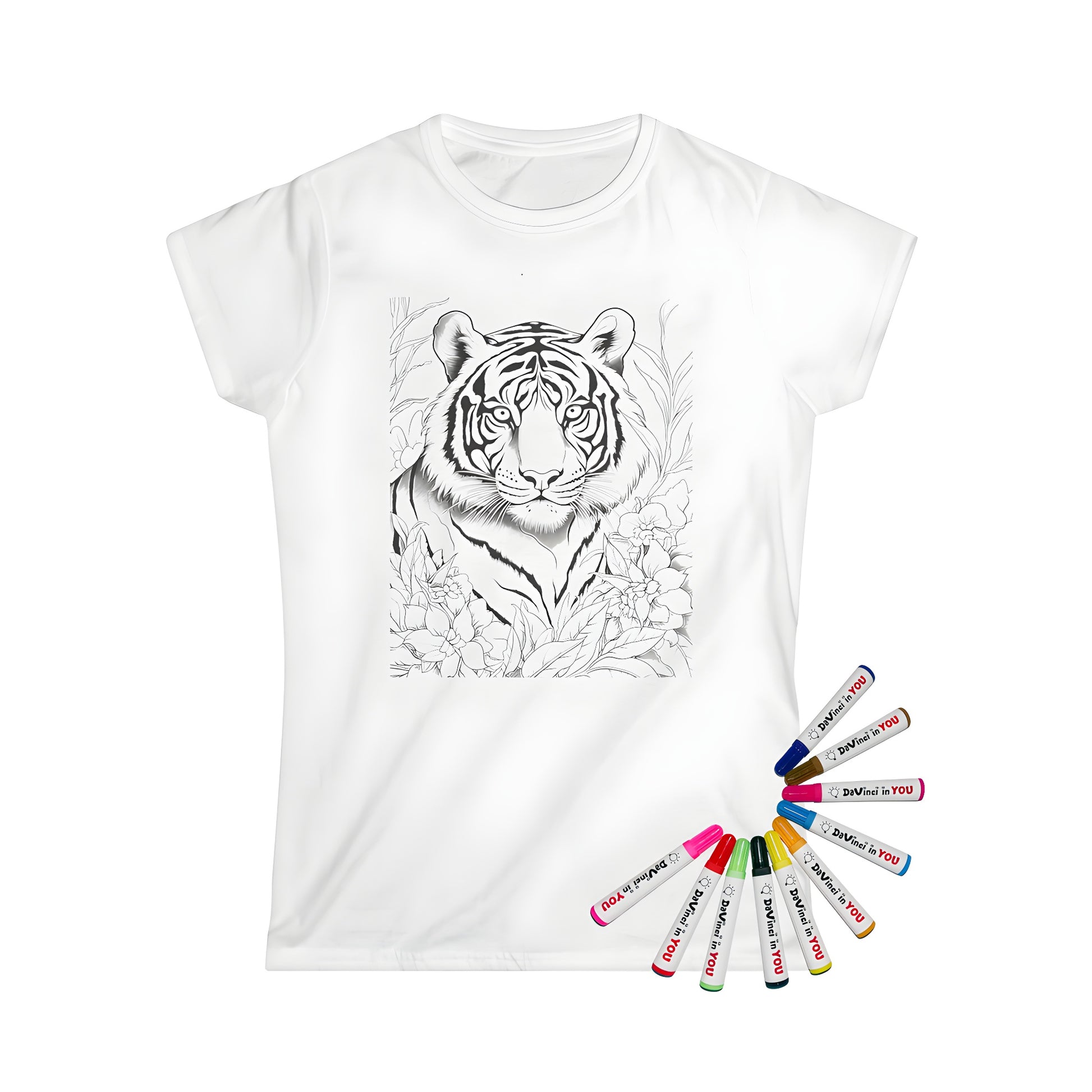 Coloring tigers illustration on women's tee apparel