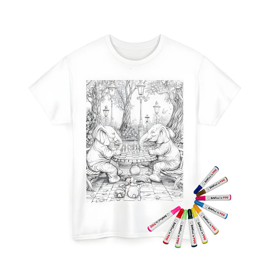 Unisex t-shirt featuring a fun coloring page design of two elephants playing chess in a forest scene