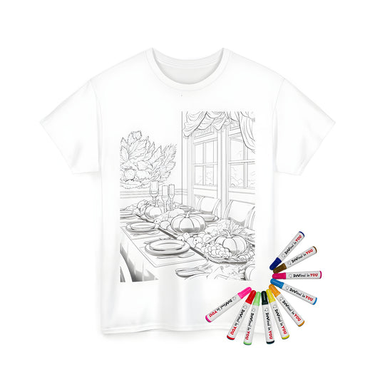 Unisex T-shirt featuring a detailed coloring page design of a Thanksgiving dinner table with pumpkins and elegant dining room decor