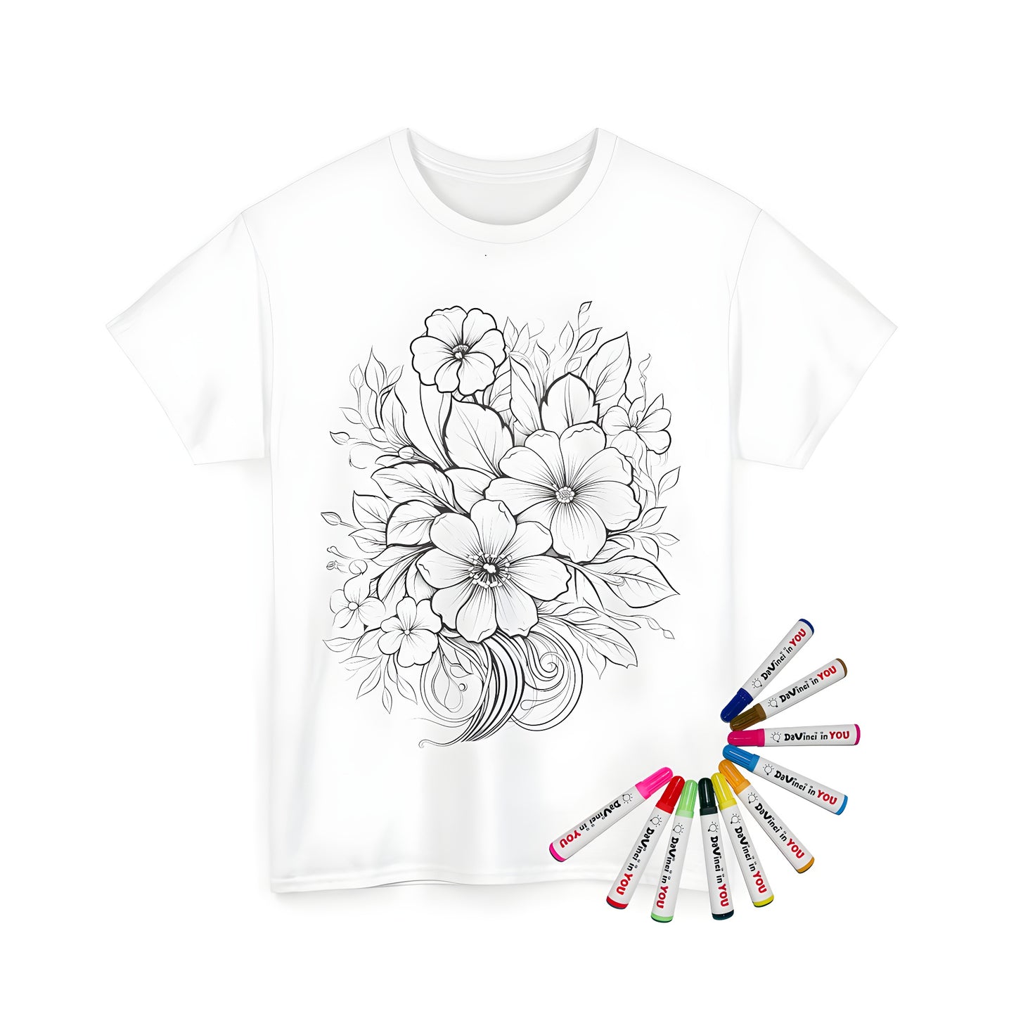 Intricate black and white outline of flower designs on unisex t-shirts for adult coloring enthusiasts