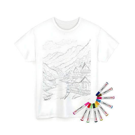 Unisex t-shirt featuring a detailed black-and-white drawing of a village by a river with mountains and trees in the background