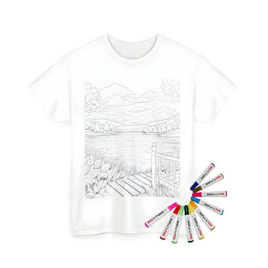 Serene landscape t-shirt with mountains, lake, clouds, wooden dock, trees, grass, and vibrant colors