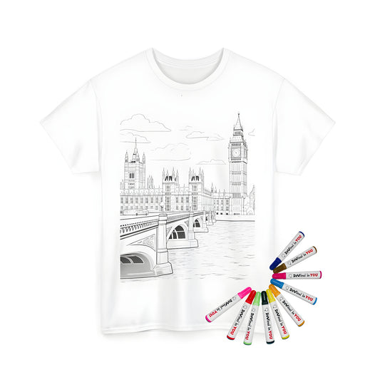 Colorful Unisex T-shirt featuring a detailed illustration of Big Ben, Westminster Bridge and the Thames River from London. Perfect for Londoners and travelers alike.