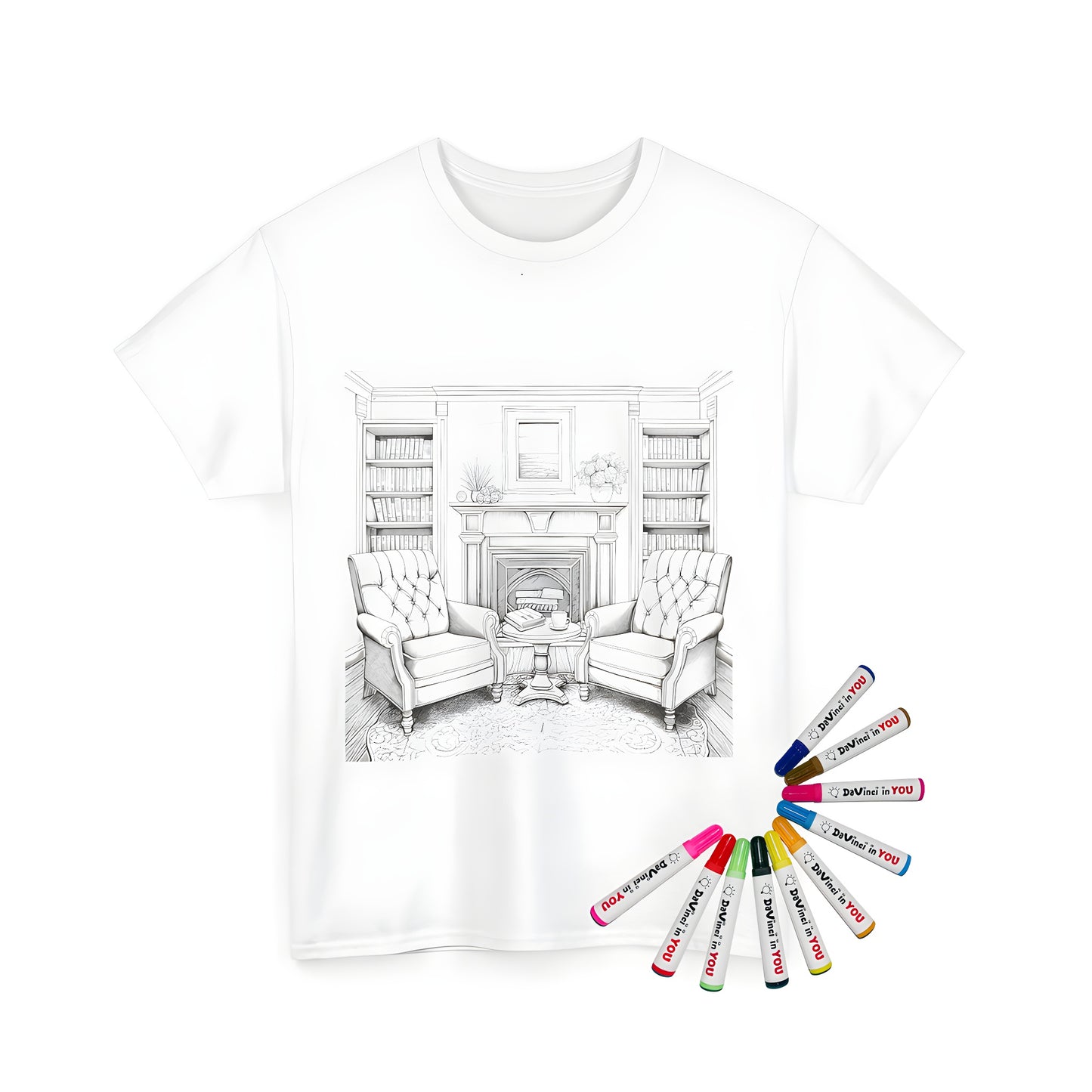 Unisex t-shirt featuring a vibrant Black-and-white drawing of a fireplace surrounded by comfortable furniture for a cozy atmosphere