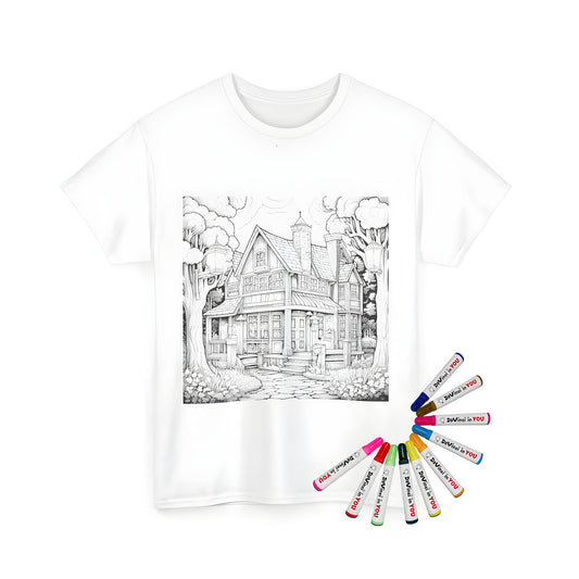 Coloring kit for a unisex t-shirt featuring a detailed drawing of a victorian-style wooden house scene with trees, lamp posts, and garden along a stone pathway.