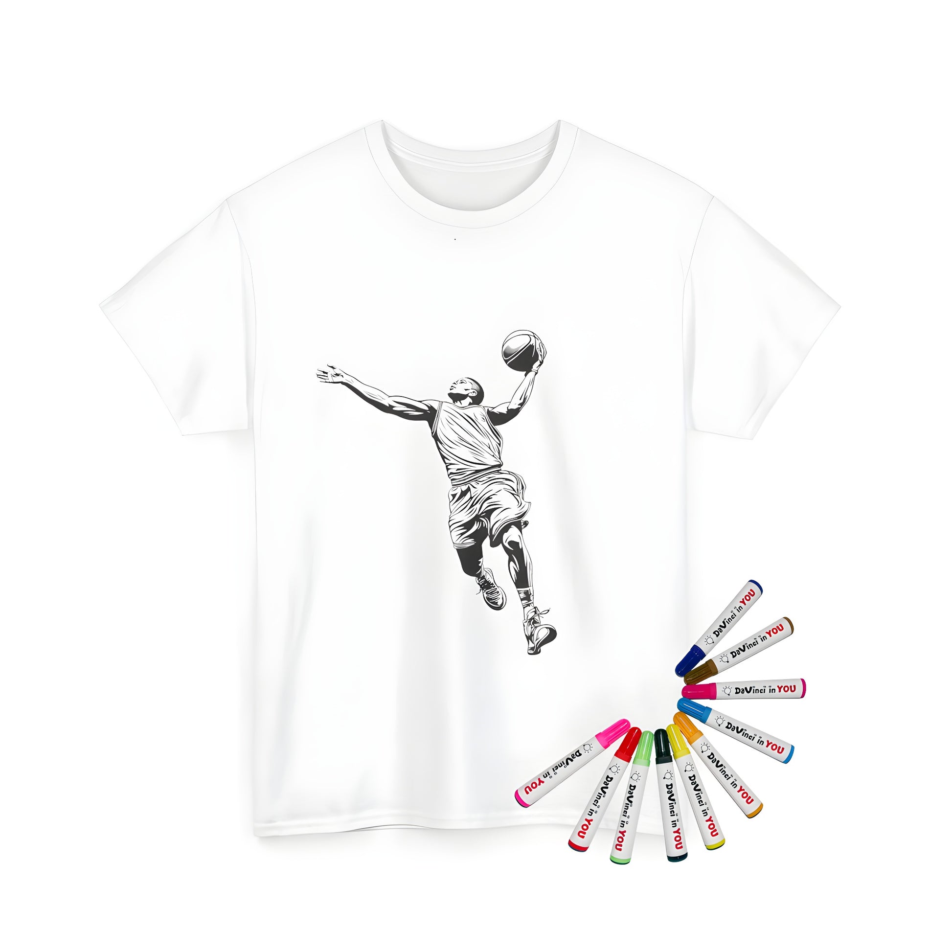 Coloring kit for unisex t-shirt featuring black and white illustration of basketball player dunking