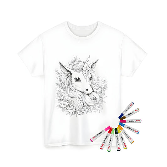 Unisex t-shirt featuring colorful unicorn and floral elements design