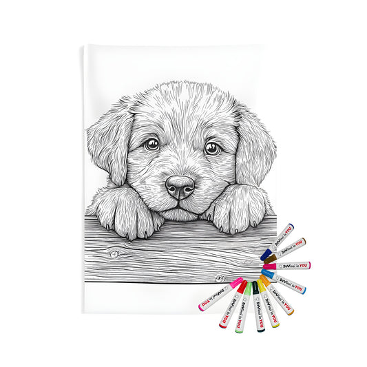 Indoor wall tapestries with cute puppy design, featuring adorable black and white line drawings of furry friends