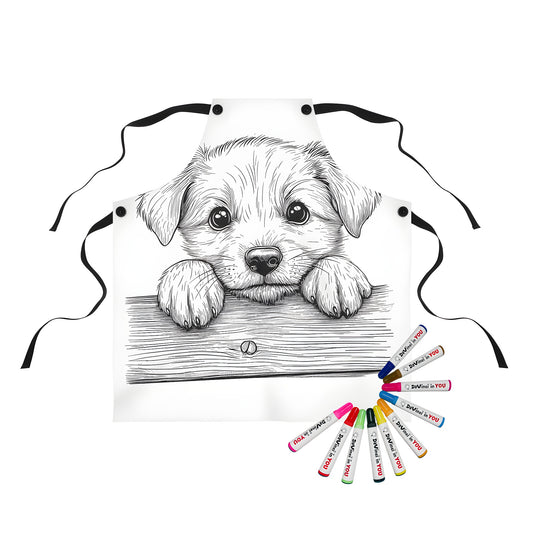 Adorable puppy cartoon apron with a cute dog design featuring a playful pup peeking over a wooden fence
