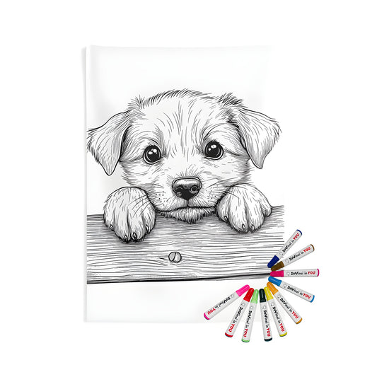 Cozy Indoor Wall Tapestry featuring a cute puppy illustration, perfect for pet lovers and coloring enthusiasts