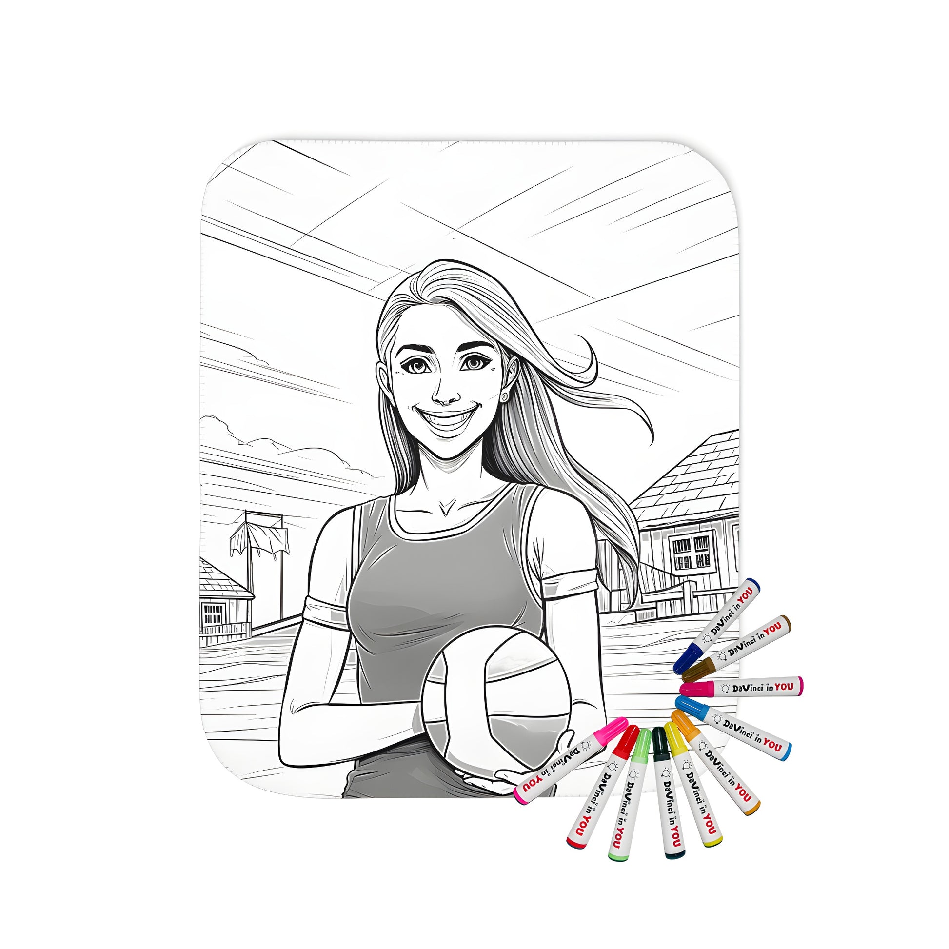 A fun coloring kit on a blanket with a beautiful outdoor scene of a smiling girl holding a ball, surrounded by buildings