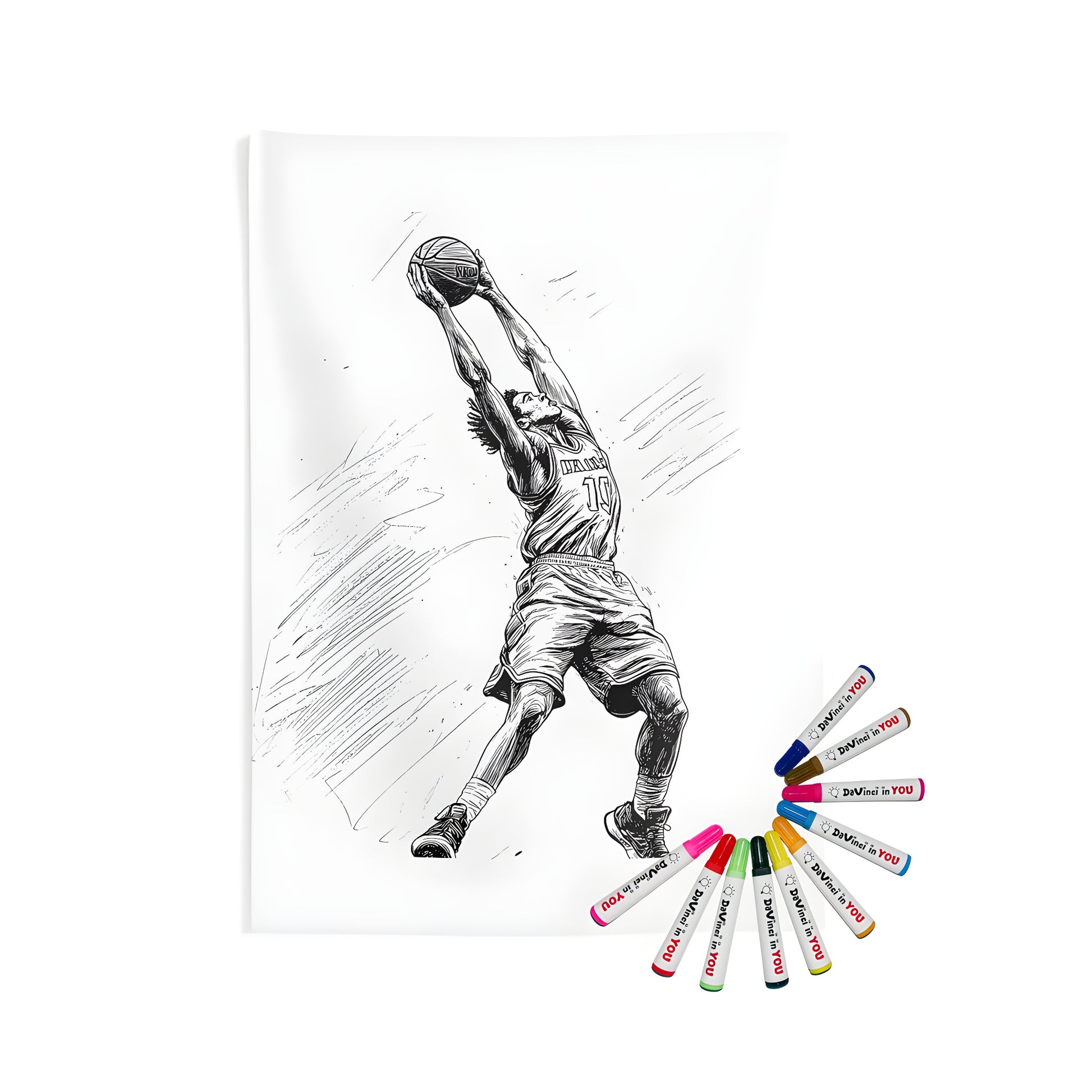 Indoor wall tapestry with basketball player slam dunk design