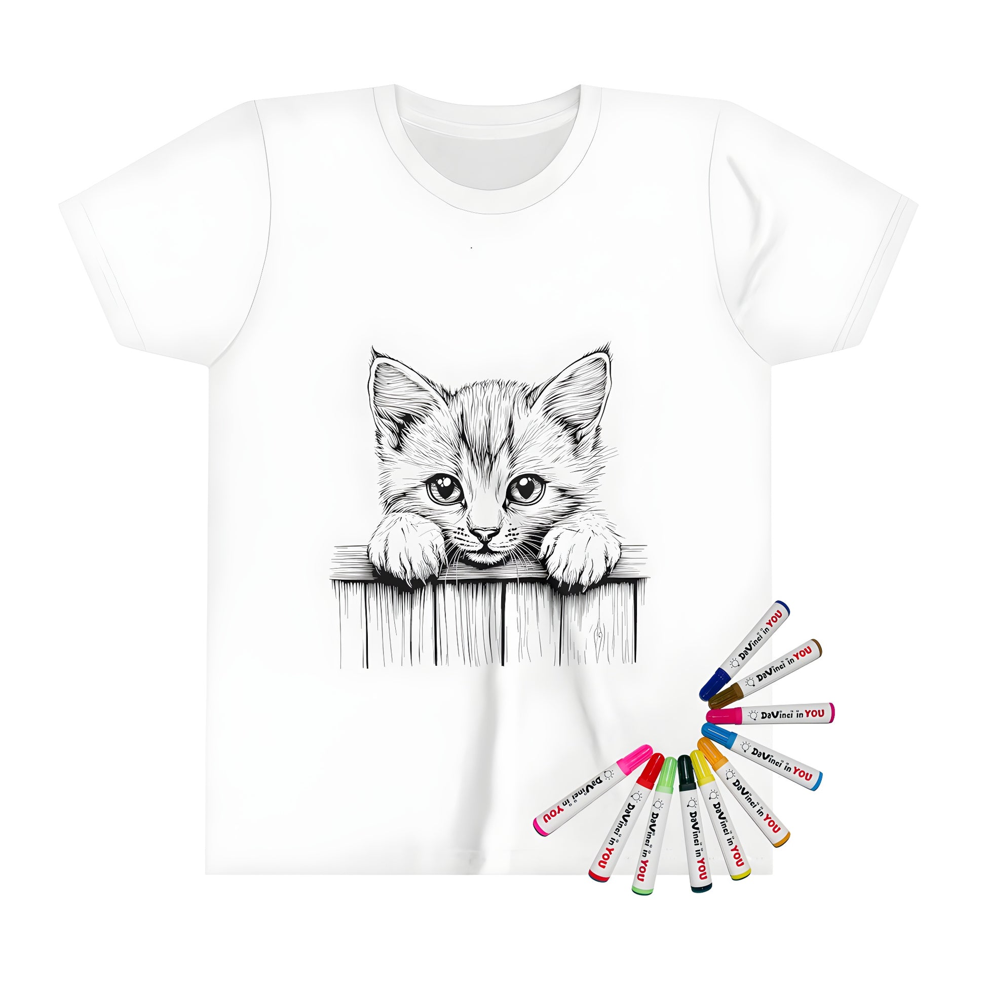 Colorful cartoon kitten peeking over wooden fence on kid's t-shirt