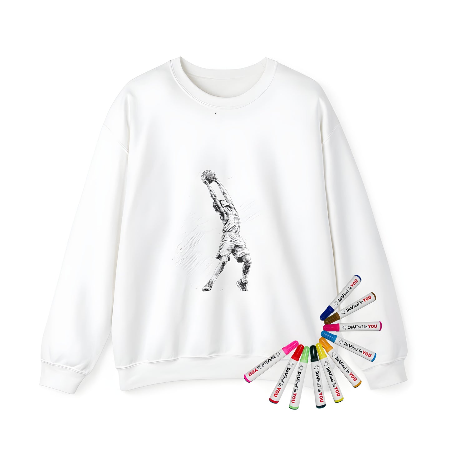 Adult sweatshirt featuring a vibrant coloring page design of a basketball player performing an impressive dunk, highlighting agility and athleticism. Perfect for NBA fans.