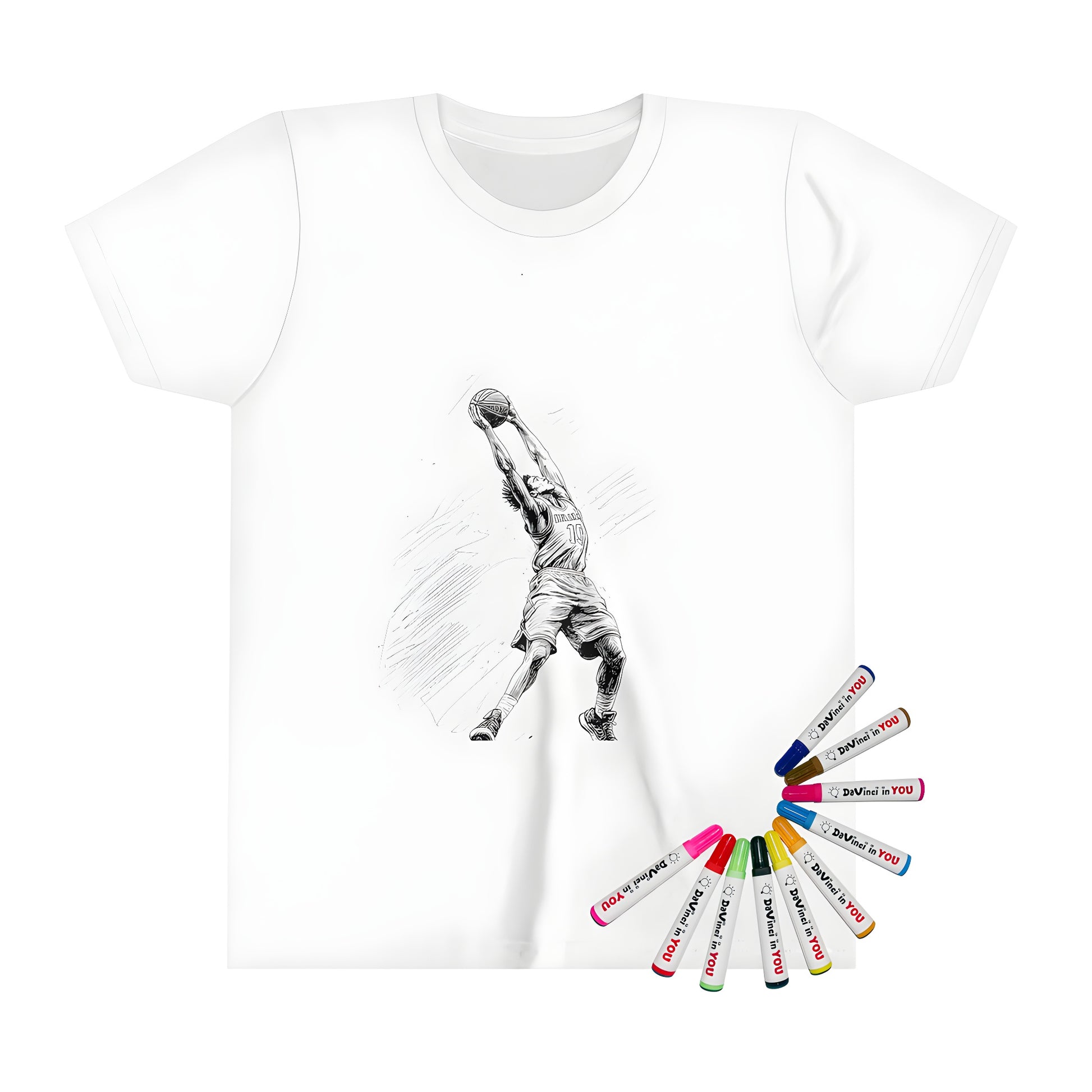 Colorful kid's t-shirt with basketball player performing a slam dunk, dunk shot, jump shot, or alley-oop design