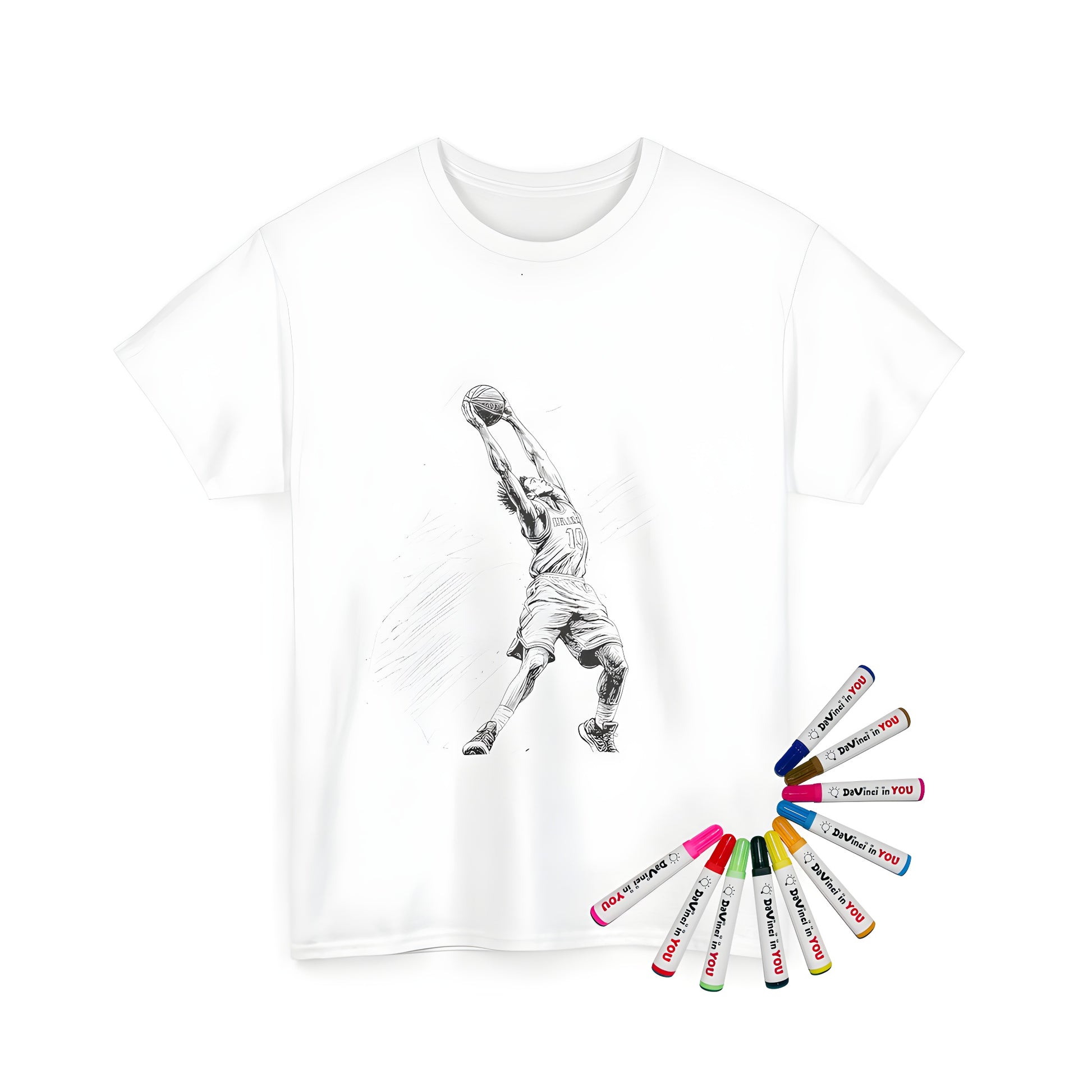 Basketball player making an impressive slam dunk, Unisex T-shirt with coloring kit