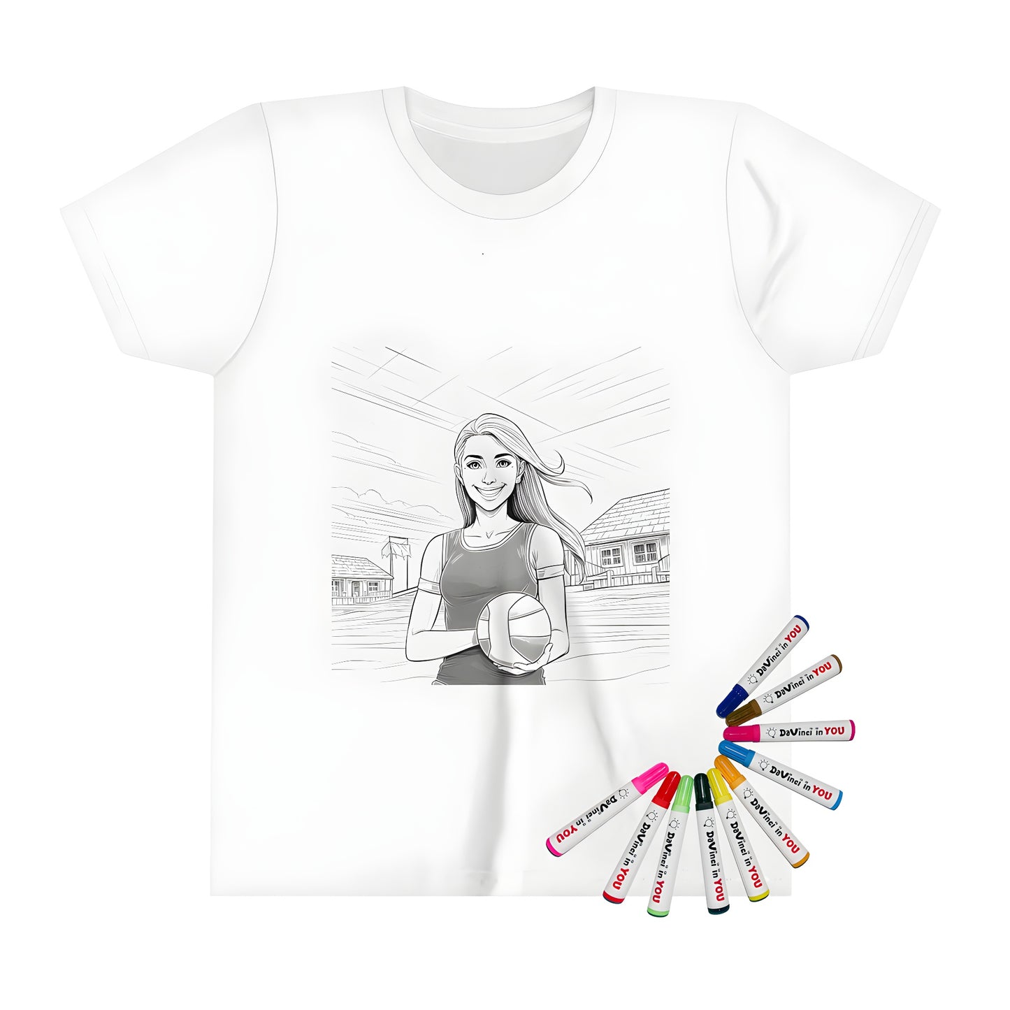 Coloring kit for kids featuring a fun volleyball-themed design on a kid's t-shirt, perfect for little artists who love sports and outdoor activities.