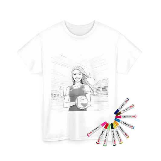 Unisex t-shirt featuring a volleyball-inspired coloring page design with a smiling girl outdoors