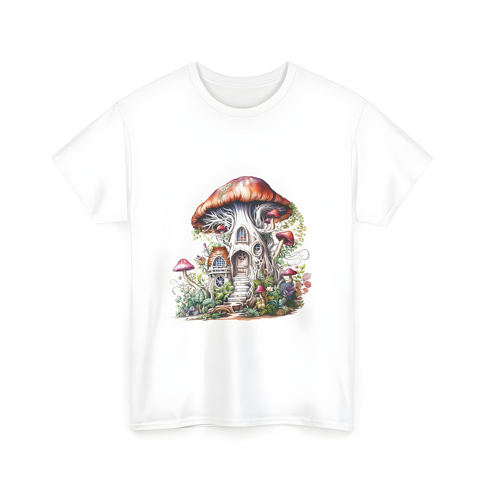 Unisex Graphic T-Shirt with Whimsical Treehouse Design and Mushroom Cap Roof