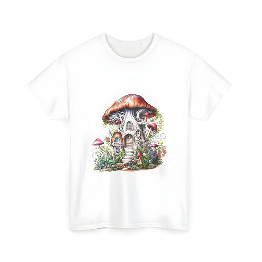 Unisex Graphic T-Shirt with Whimsical Treehouse Design and Mushroom Cap Roof