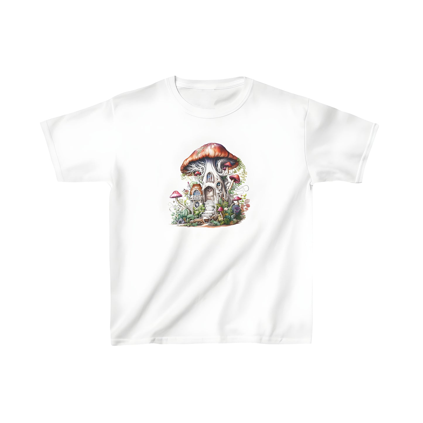 Colorful graphic design kids t-shirt featuring whimsical tree house and mushroom cap roof