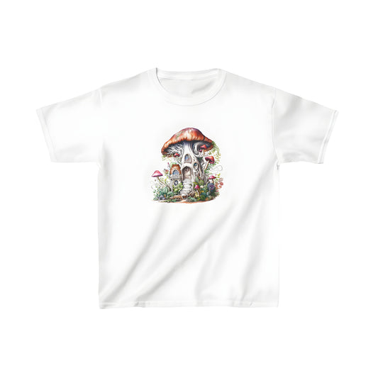 Colorful graphic design kids t-shirt featuring whimsical tree house and mushroom cap roof