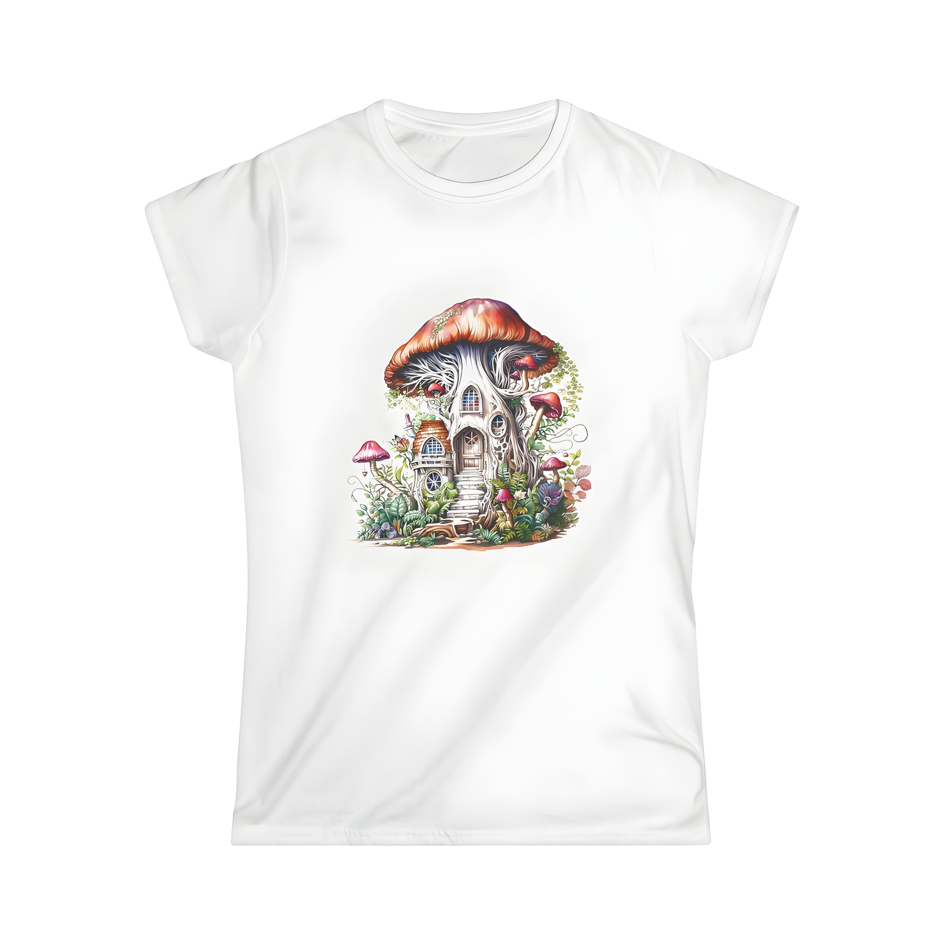 Women's colorful graphic t-shirt featuring whimsical tree house design