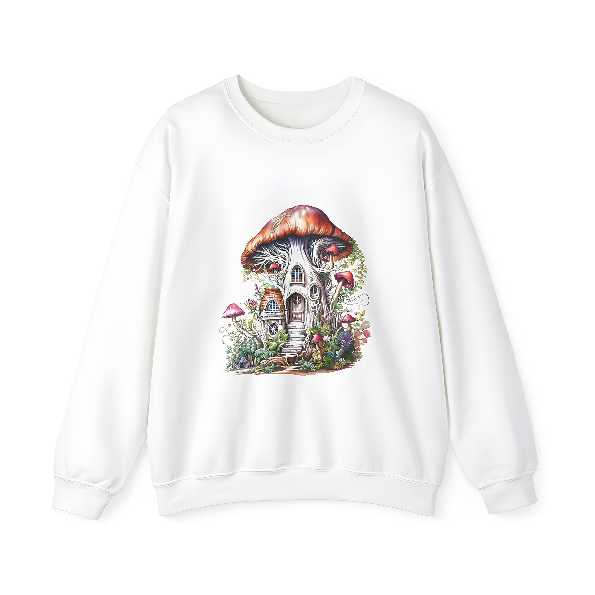 Whimsical graphic sweatshirt featuring an Enchanted Tree House design, whimsical treehouse with mushroom cap roof and lush greenery