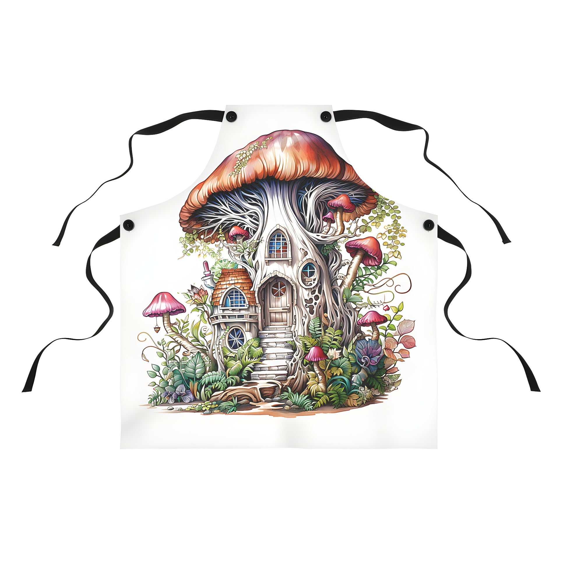 Colorful graphic design apron featuring whimsical tree house with mushroom cap roof surrounded by plants and smaller mushrooms creating a magical ambiance.