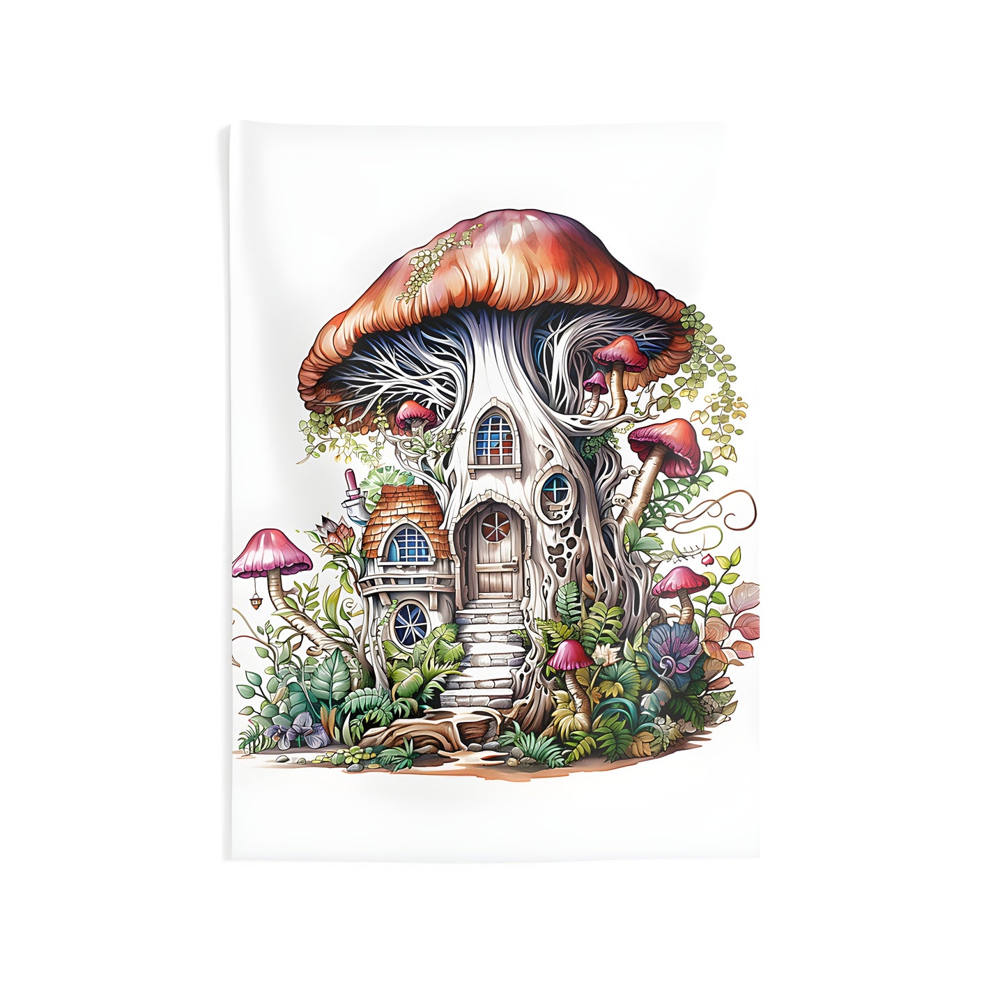 Indoor wall tapestry featuring a colorful graphic design of a whimsical treehouse with a mushroom cap roof, surrounded by plants and smaller mushrooms, exuding a magical and enchanted ambiance.