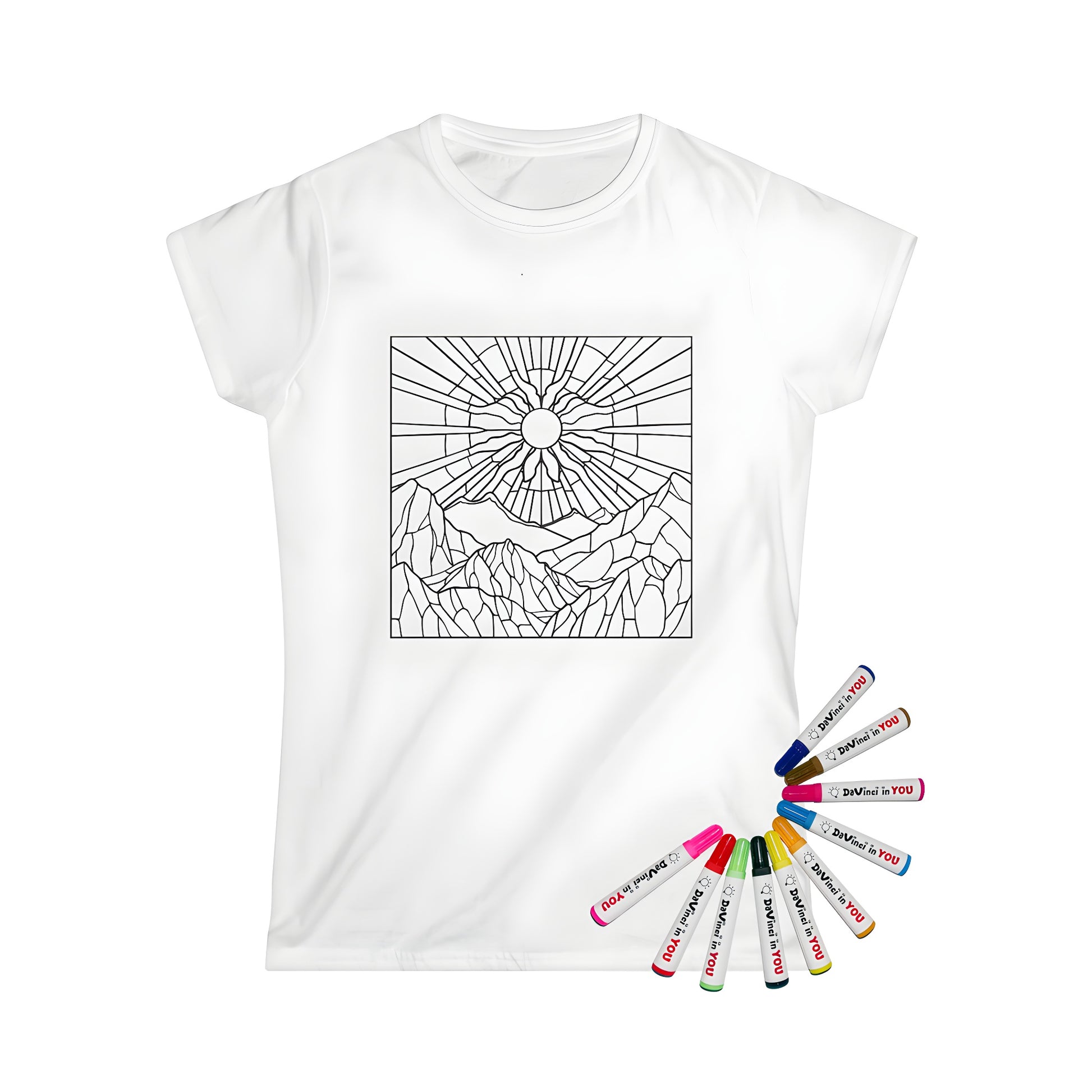 Women's t-shirt featuring colorful abstract mountain landscape with sunburst design