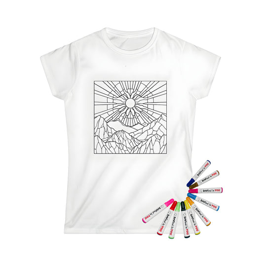 Women's t-shirt featuring colorful abstract mountain landscape with sunburst design