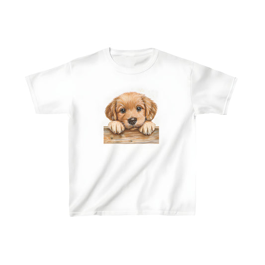 Kid's colourful graphic tees featuring adorable golden retriever puppy illustrations