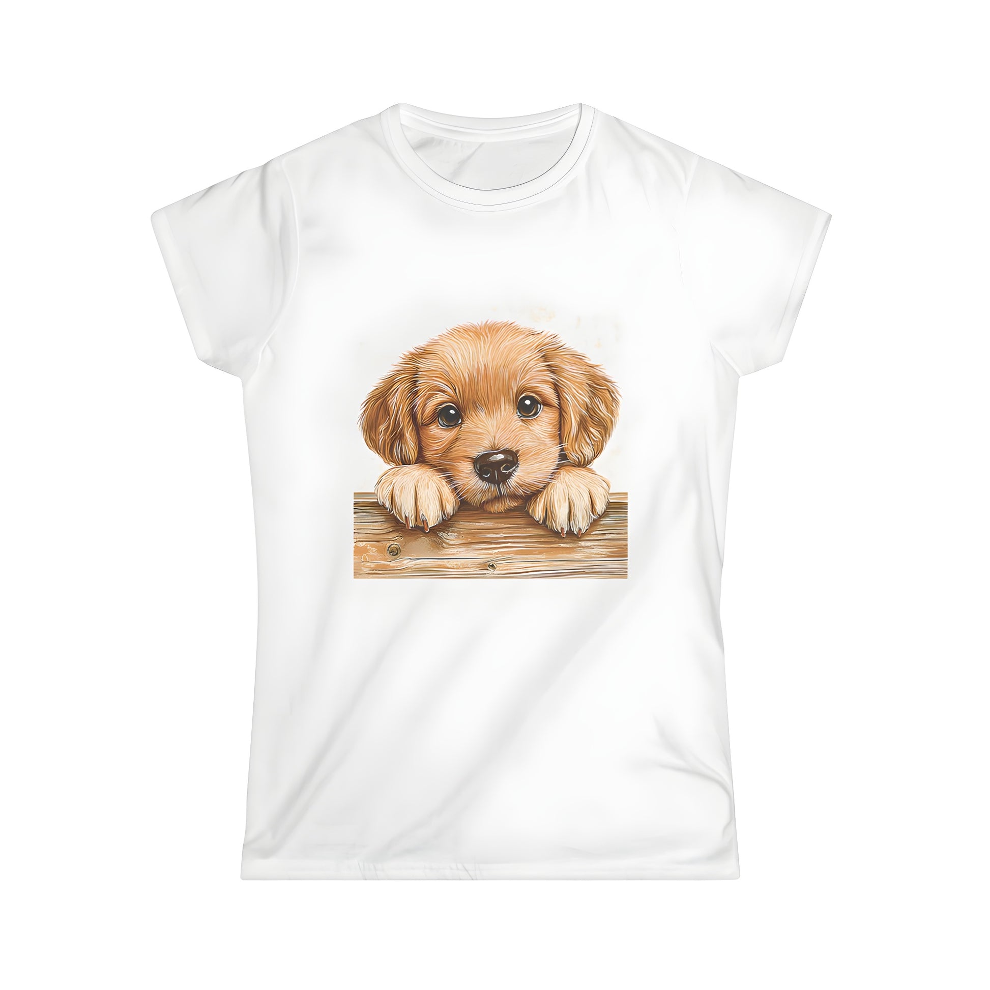 Women's t-shirt featuring colorful graphic design of adorable golden retriever puppy peeking over wooden fence