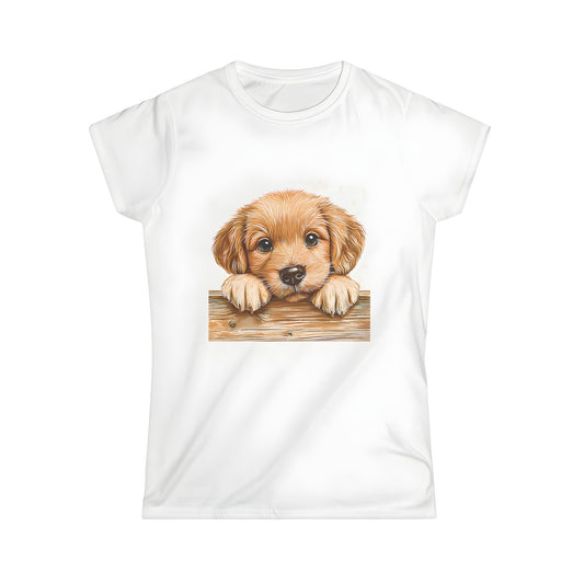 Women's t-shirt featuring colorful graphic design of adorable golden retriever puppy peeking over wooden fence