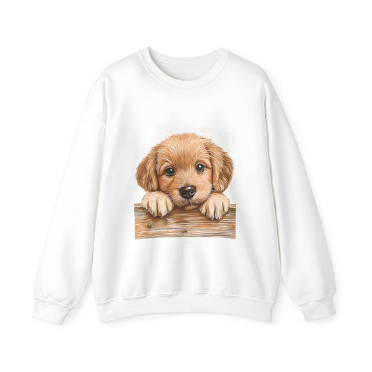 Adult sweatshirt featuring adorable golden retriever puppy illustration over wooden fence design