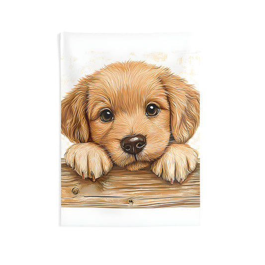 Cozy Indoor Wall Tapestry featuring a colorful graphic design of an adorable golden retriever puppy peeking over a wooden fence