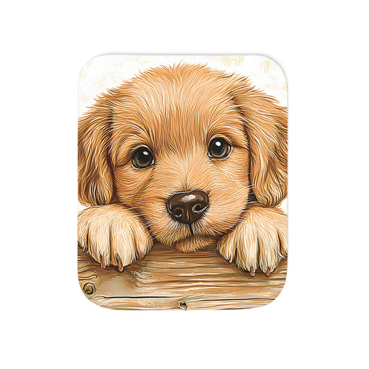 Colorful graphic design blanket featuring an adorable golden retriever puppy illustration peeking over a wooden fence