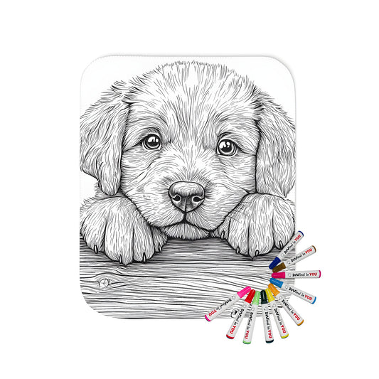 Blanket with cute puppy design for kids and adults alike, perfect for dog lovers. Cozy blanket featuring a charming black and white line art drawing of a pup peeking over a wooden surface, great for snuggling up on the couch or as a thoughtful gift.