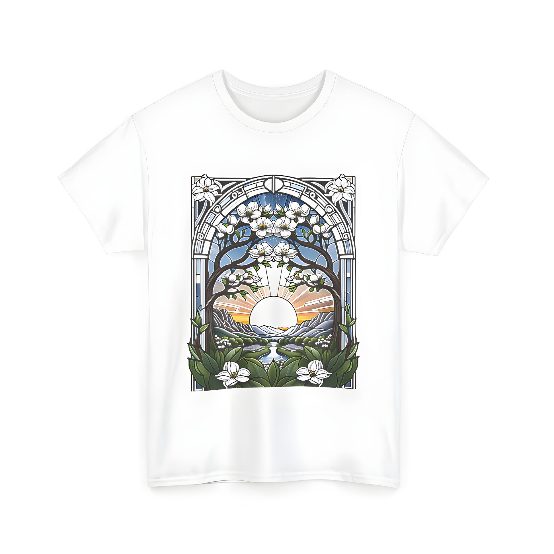 Colorful graphic design on a unisex t-shirt featuring a scenic landscape with blooming flowers and a serene river